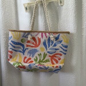 Canvas Beach Tote Bag with Colorful Leaf Print